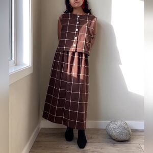 Windowpane Brown Midi Skirt - Brown Grid Pattern